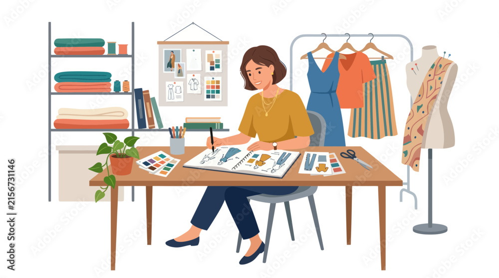 Fototapeta premium Fashion designer working at a studio desk.