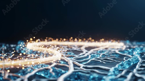 Abstract Neural Network Connection With Glowing Energy Particles Flowing Through Silver Pathways
