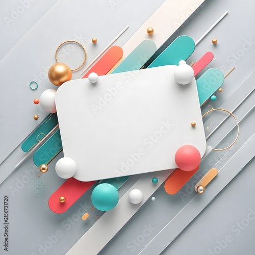 Abstract Geometric Background With Colorful Rounded Shapes Floating Spheres Blank Center Frame Modern 3D Composition Creative Design Template