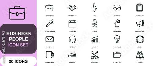 Business people icon set with 20 icons for finance and office concepts on white background