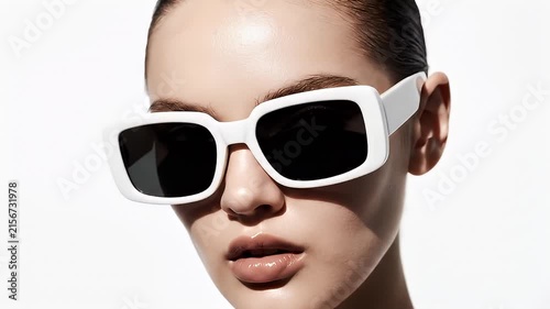 Woman wearing stylish white retro sunglasses on white background.