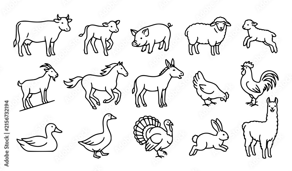 Naklejka premium Farm animals in a simple line art style including cows pigs sheep and poultry