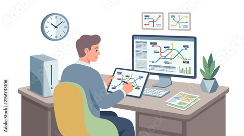 Logistics manager planning route on digital screens.