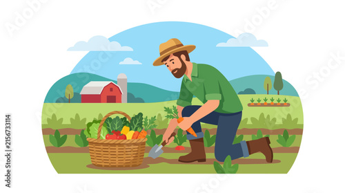 Farmer harvesting fresh vegetables into a basket on farm.
