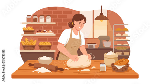 Professional female baker kneading fresh bread dough in kitchen.