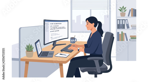 Female programmer coding at office workstation.
