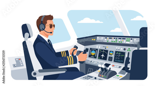 Pilot flying commercial airplane from flight deck seat.
