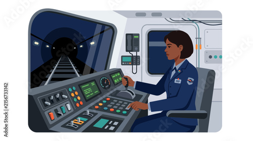 Female train operator driving subway in control cabin.