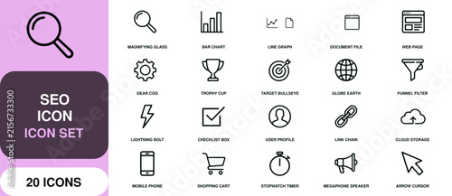 Clean line art SEO icons collection with magnifying glass bar chart and cloud storage