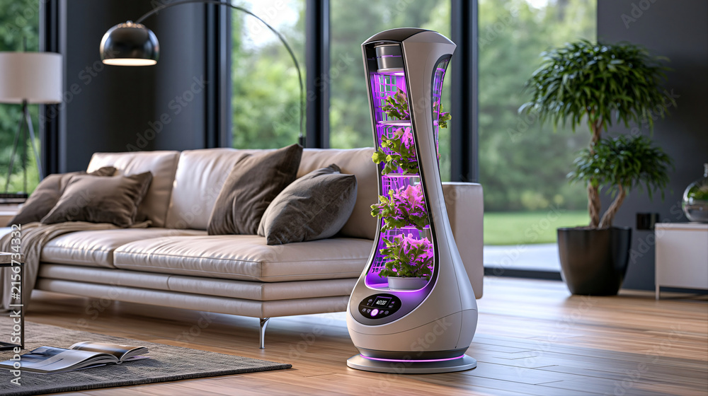 Fototapeta premium Smart hydroponic growing tower placed in modern living room. Indoor smart farming, hobby and urban gardening concept. Interior design for poster, presentation