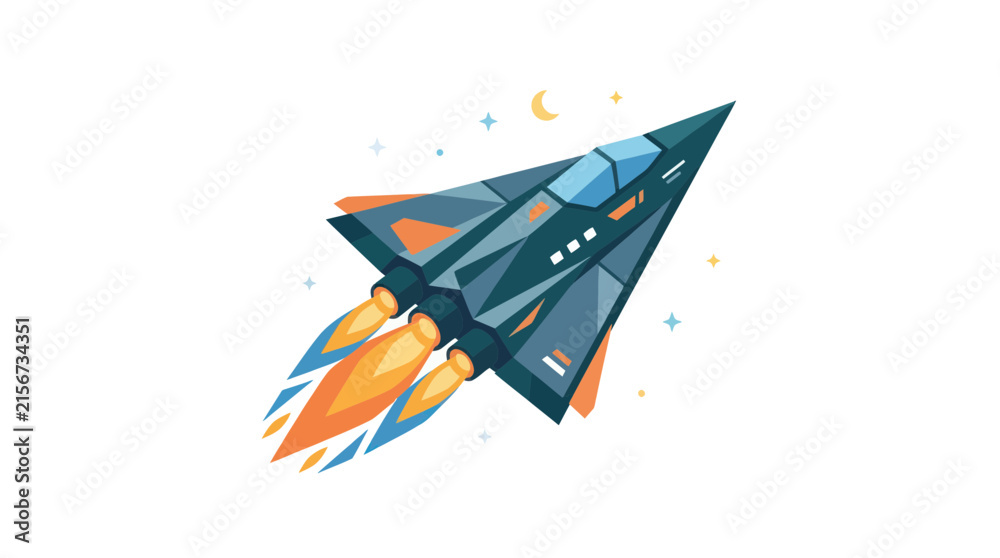 Fototapeta premium Sci-fi fighter jet launching with rocket engine flames.