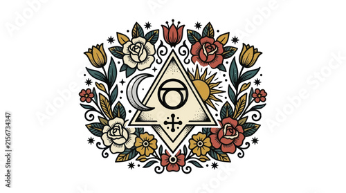 Mystical Triangle Emblem with Celestial and Floral Elements