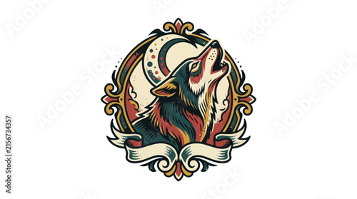 Wolf Howling at Moon Emblem with Ornate Frame