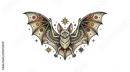 Whimsical Bat with Star Wings, Tattoo Art Style