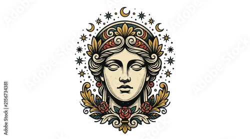Mythological Woman Head with Celestial Ornaments