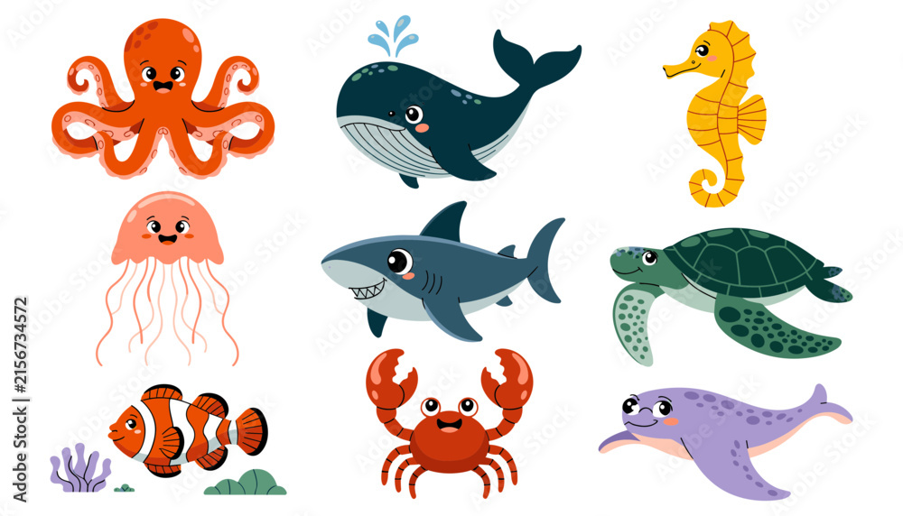 Fototapeta premium Cute Sea Animal Vector Character Set with Octopus Whale Shark Turtle Jellyfish and Crab for Kids Nursery Designs