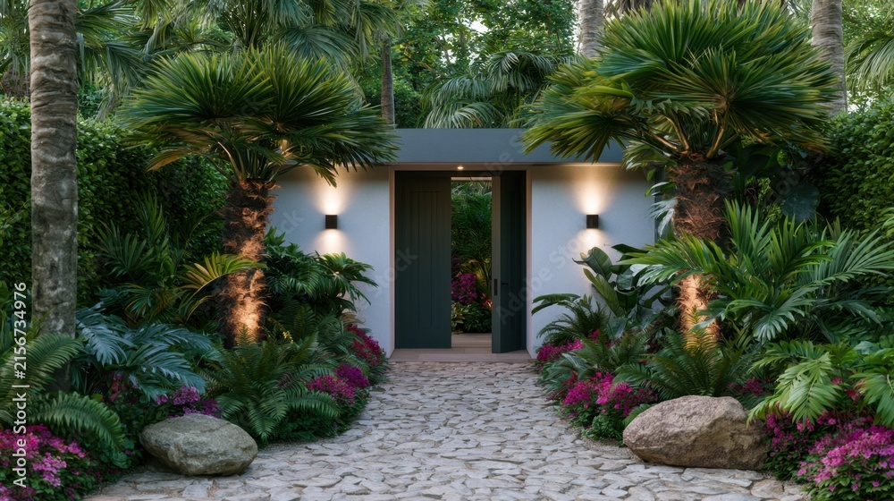 Fototapeta premium Serene garden entrance with lush tropical plants, stone pathway, modern lighting, vibrant flowers, and a peaceful atmosphere inviting tranquility and relaxation
