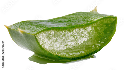 фотографія Fresh green aloe vera leaf slice with clear gel and water droplets, isolated on