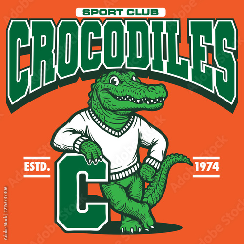 Crocodiles Sporty Vintage Retro Mascot Character Design Vector Illustration in Hand Drawing Style Leaning a Block Alphabet Monogram