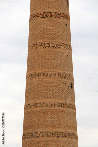 The minaret located in the city of Vobkent, Uzbekistan, was built in 1198 during the Karakhanid period. The brick minaret features traditional motifs.