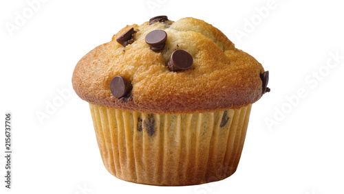 Photography Golden brown chocolate chip muffin with a fluffy top, isolated on transparent ba
