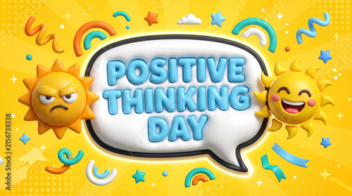 Positive Thinking Day cheerful design yellow background rainbows stars happy and sad sun emotions contrast optimism celebration joy inspiration resilience wellness   generative ai