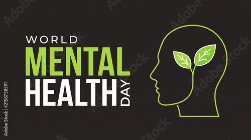 World Mental Health Day green head leaves black background awareness support well-being growth solidarity compassion resilience inspiration advocacy mindfulness healing   generative ai