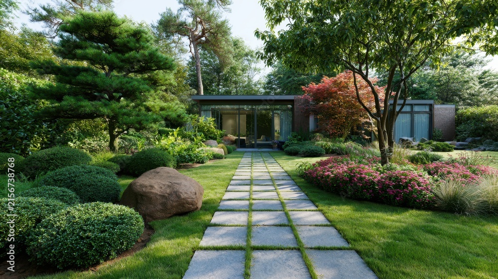 Fototapeta premium Serene Garden Pathway Surrounded by Lush Greenery and Colorful Flowers with Modern House in Background for Peaceful Living Spaces