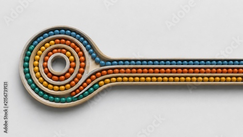 Concentric wooden puzzle channels align colorful spheres into straight tracks, symbolizing complex problem solving and organizational process