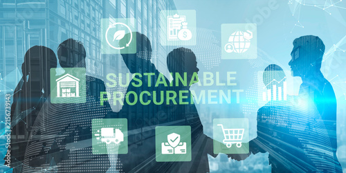Foto Diverse business team discusses sustainable procurement strategies, highlighting technology and partnership in a modern urban environment, striving for innovative solutions