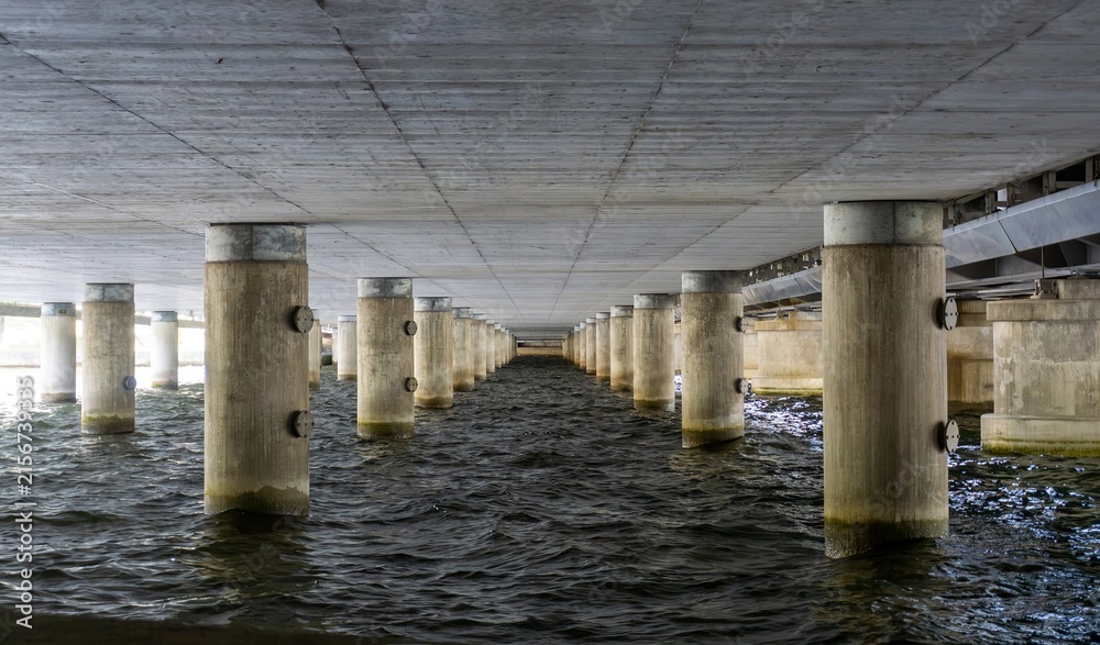 Fototapeta premium Concrete bridge pillars creating leading lines under structure