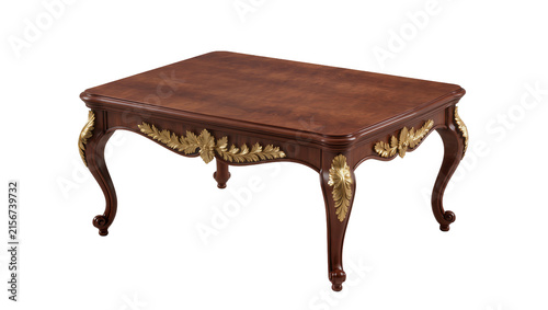Ornate dark wood coffee table with gold leaf accents, isolated on transparent background
