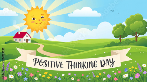 Positive Thinking Day countryside smiling sun green hills red-roof house colorful flowers cheerful landscape optimism happiness celebration inspiration joy wellness   generative ai