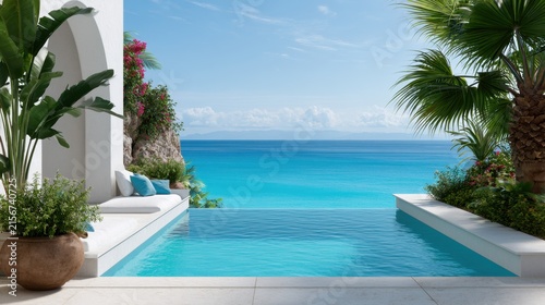Serene Tropical Pool Overlooking Vibrant Blue Ocean and Sky with Lush Greenery and Relaxing Lounge Area in Modern Coastal Setting