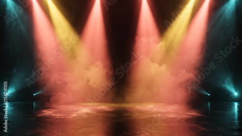 Dynamic Stage Lighting With Colorful Spotlights and Atmospheric Smoke Effects