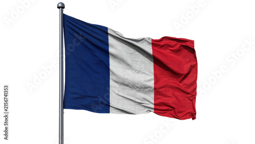 Waving French flag with blue white and red stripes, isolated on transparent background