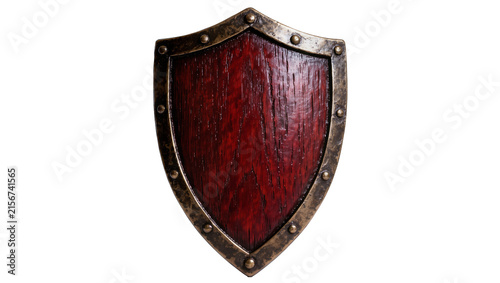 Canvastavla Dark red wooden medieval shield with metal rivets, isolated on transparent backg