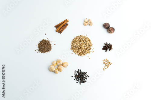 Bild auf Leinwand Assortment of dry cooking spices including cinnamon star anise coriander and nut