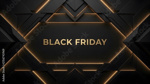 Luxurious black friday sale banner with geometric gold accents and dark background