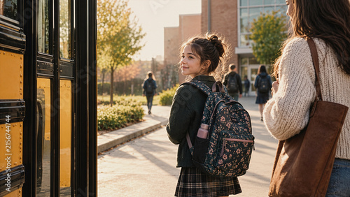 Student with Backpack Boarding School Bus on First Day of School