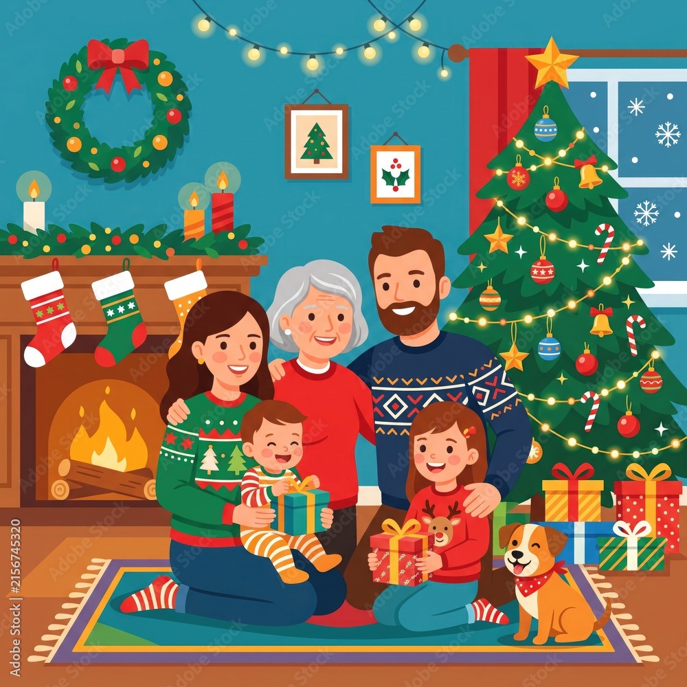 Fototapeta premium Happy multi-generation family celebrating Christmas together at home near decorated fireplace and tree