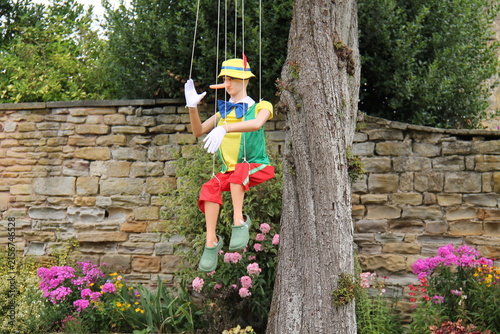 A Cartoon String Puppet Hanging From a Garden Tree.