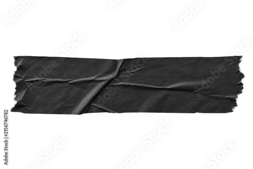 Single horizontal strip of wrinkled black paper tape with torn edges, isolated on transparent background.
