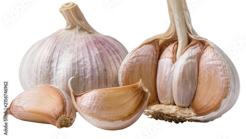Whole garlic bulbs and cloves with papery skin, isolated on transparent background