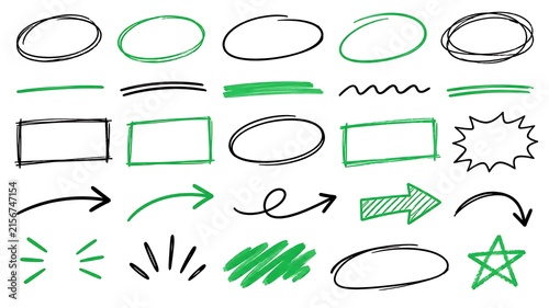 Minimalist, black-and-white characters with pen circle, underline and doodle arrow strokes, hand drawn highlight marks, rough text emphasis frames.