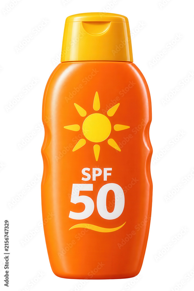 Fototapeta premium Orange sunscreen bottle with SPF 50 sun protection label, isolated on transparent background.