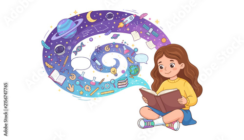 Little girl reading book vector illustration with spiral stem education space science imagination cartoon background concept