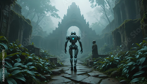 Futuristic Robot Exploring Ancient Temple Ruins in Foggy Jungle