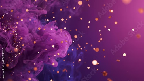 Abstract Purple Ink Swirls With Floating Golden Glitter Particles in Liquid
