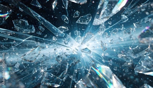 Abstract dynamic blue shattered glass pieces explosion with central glowing light and motion blur trails on dark background, futuristic cyber tech graphic design element for presentation, Generative A